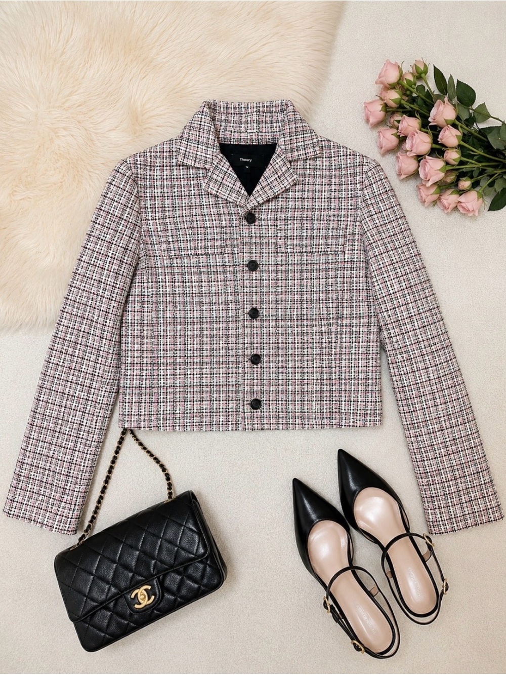 NWT Theory Tweed Cropped Jacket – Size 0 – Pink & Black Classic Chic